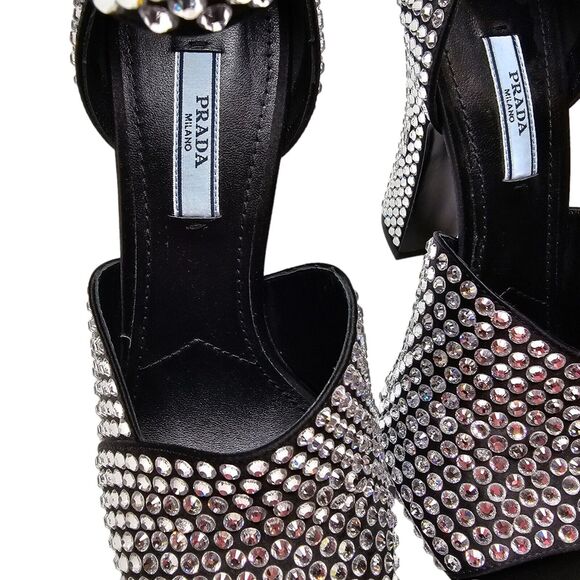 Prada Crystal Embellished Black Ankle Strap Heeled Sandals Size 36.5 US 6.5 - Picture 8 of 10